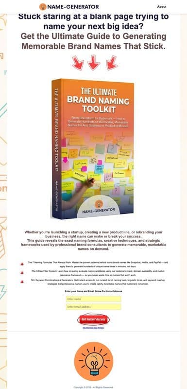 Name Generator homepage interface - marketing tool review