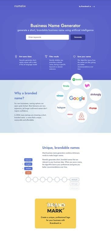 Namelix homepage interface - marketing tool review