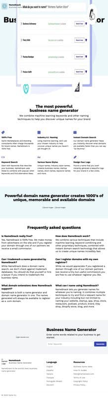 Namesnack homepage interface - marketing tool review