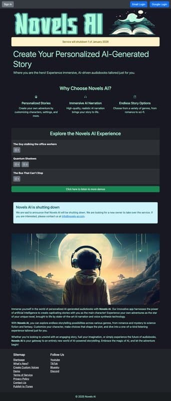 Novels AI homepage interface - marketing tool review