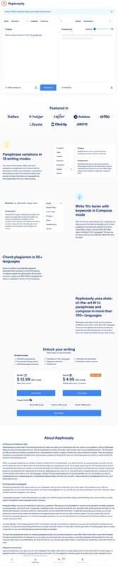 Rephrasely homepage interface - marketing tool review