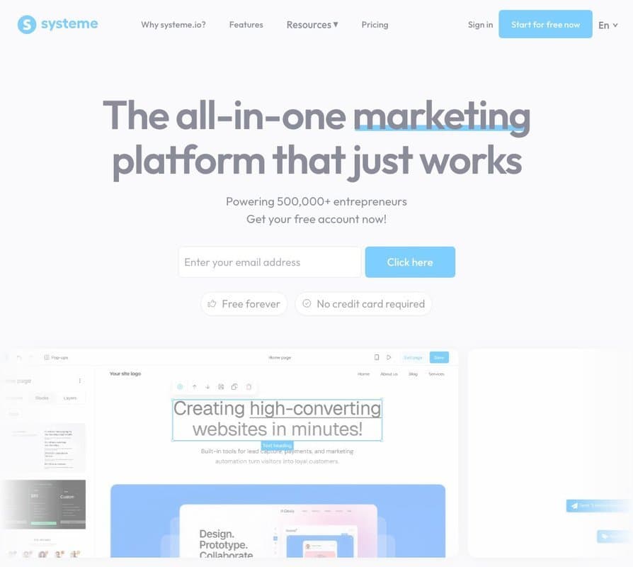 Systeme homepage interface - marketing tool review