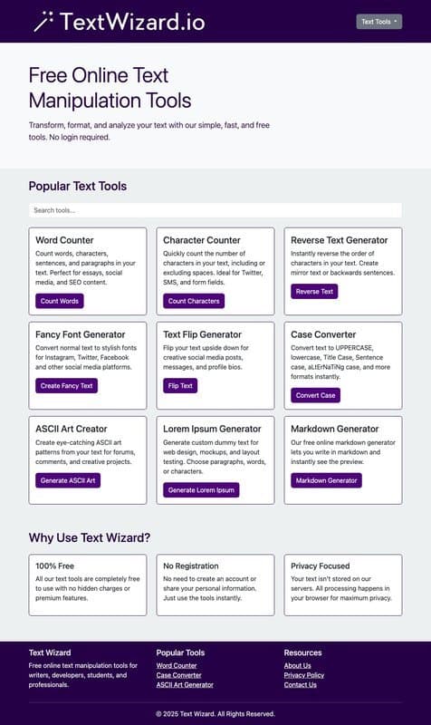 TextWizard homepage interface - marketing tool review