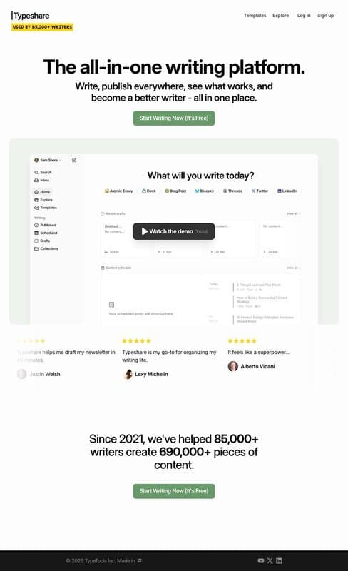 Typeshare homepage interface - marketing tool review